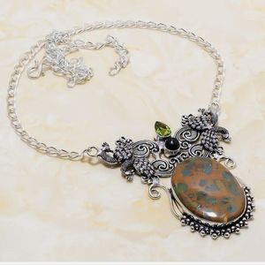 New Unique Bamboo Jasper, Peridot, Black Onyx 925 Silver Statement Necklace.